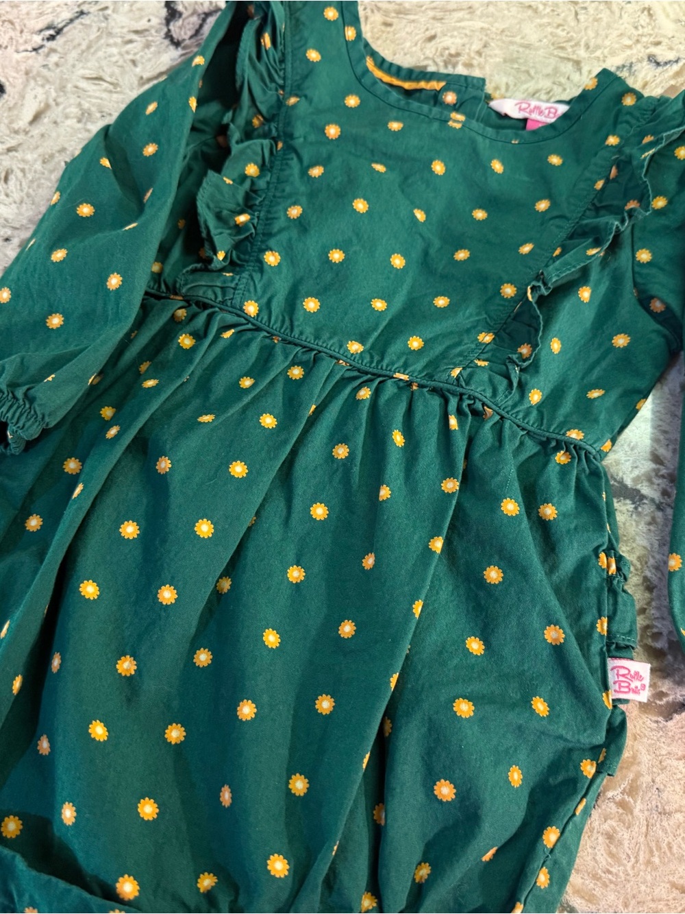 Ruffle Butts Emerald Green Long-Sleeve Bubble Romper with Gold Daisies - Picture 2 of 6